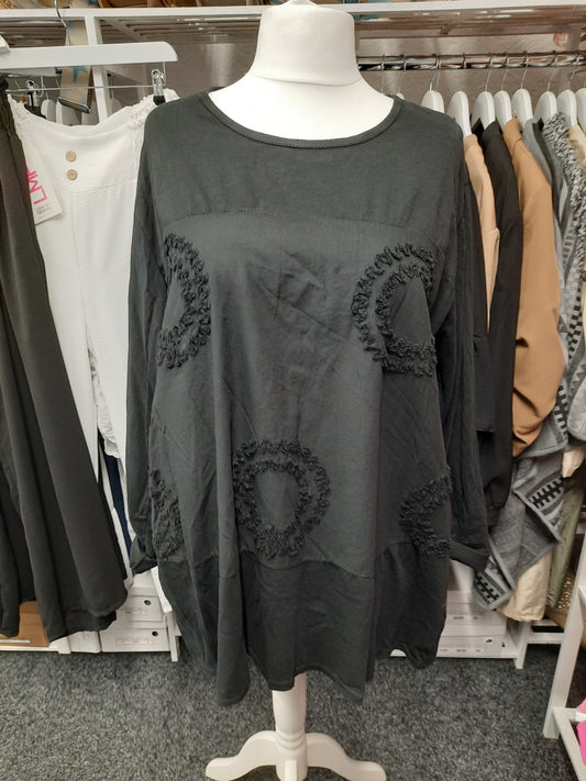 Round Neck Long Sleeved Top with Embossed Circle detail...