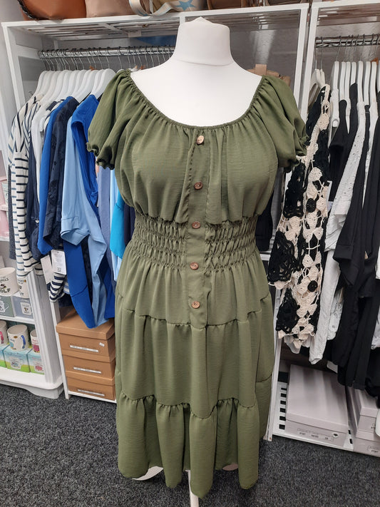 Short Sleeved Tiered Dress with Elasticated waist and Button detail...