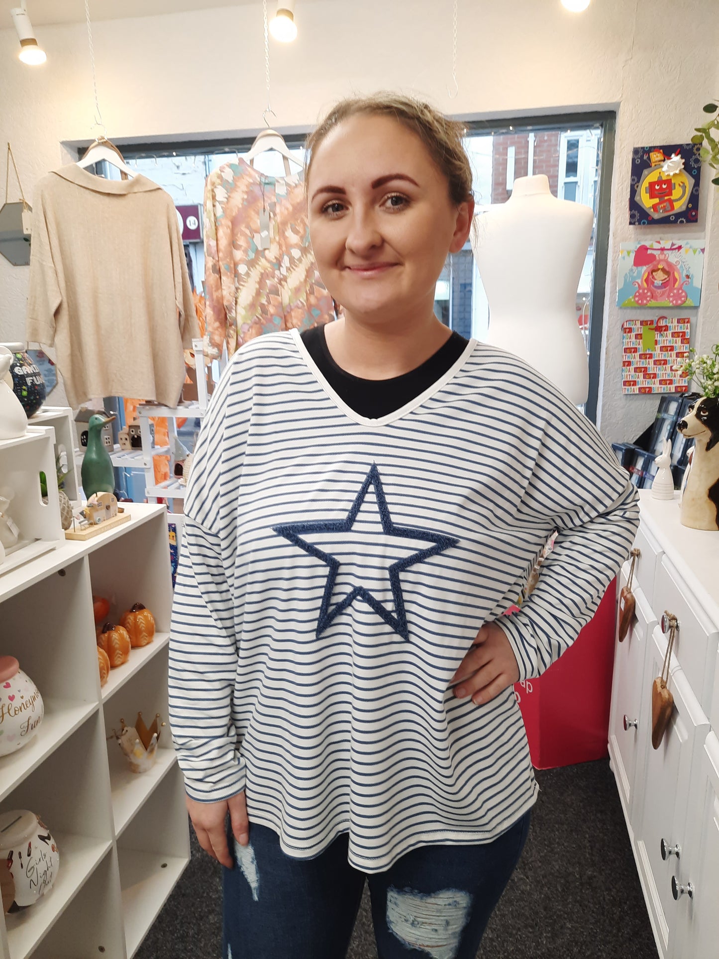 V neck Striped long Sleeve Top with Star detail...