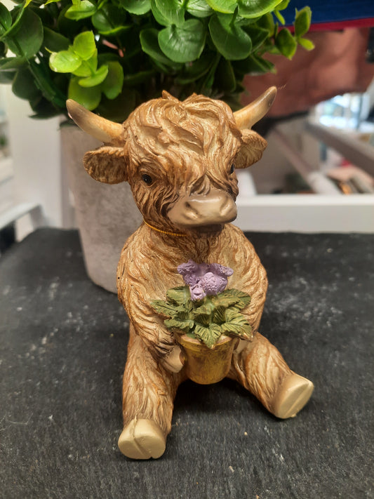 Highland Cow with Flower in Plant Pot...